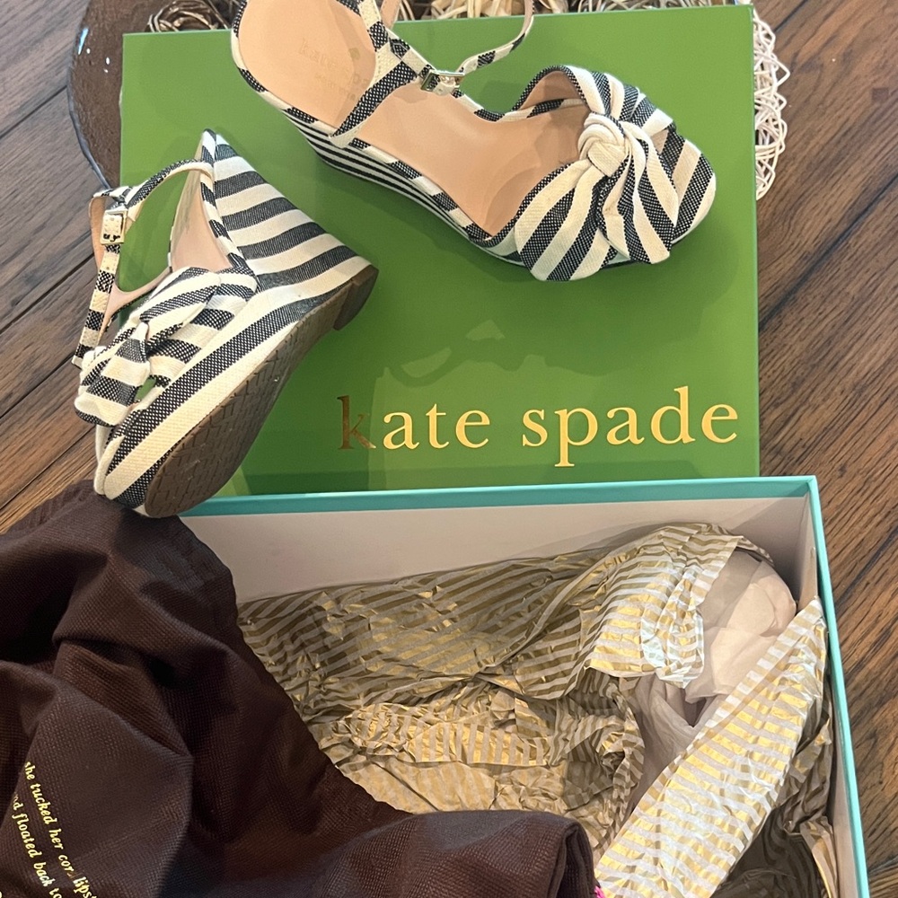 Kate Spade Black and Cream Striped Wedge Sandals like new!
